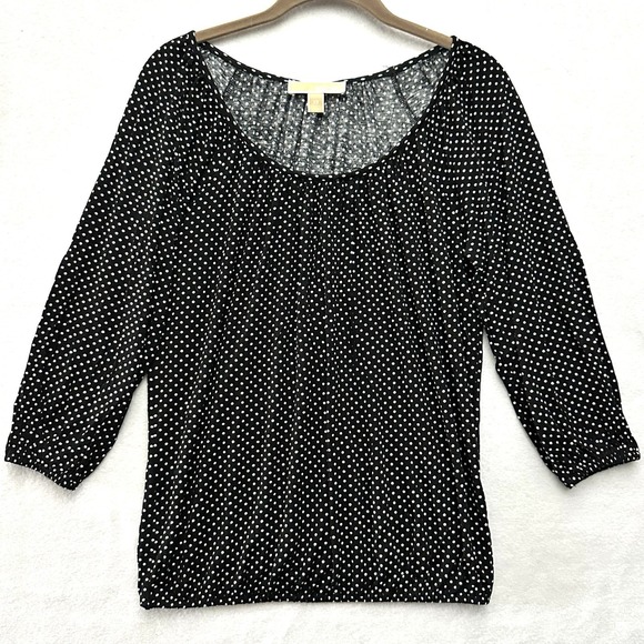 Michael Kors Tops - Michael Kors Polka Dot Blouse Top XS 3/4‎ Sleeve Black White Pleated Viscose